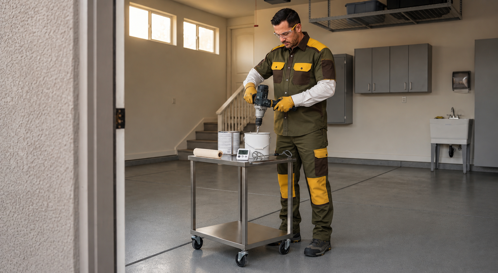 Madera polyaspartic floor coating technician preparing materials for installation