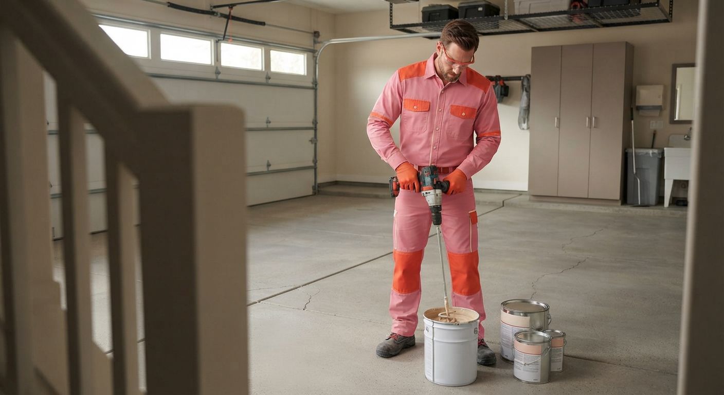 Decorative garage floor coating installation in progress in Madera California