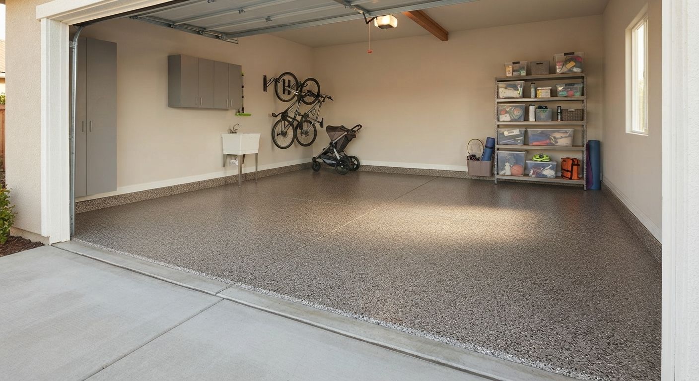 Finished decorative garage floor coating in a Madera family garage