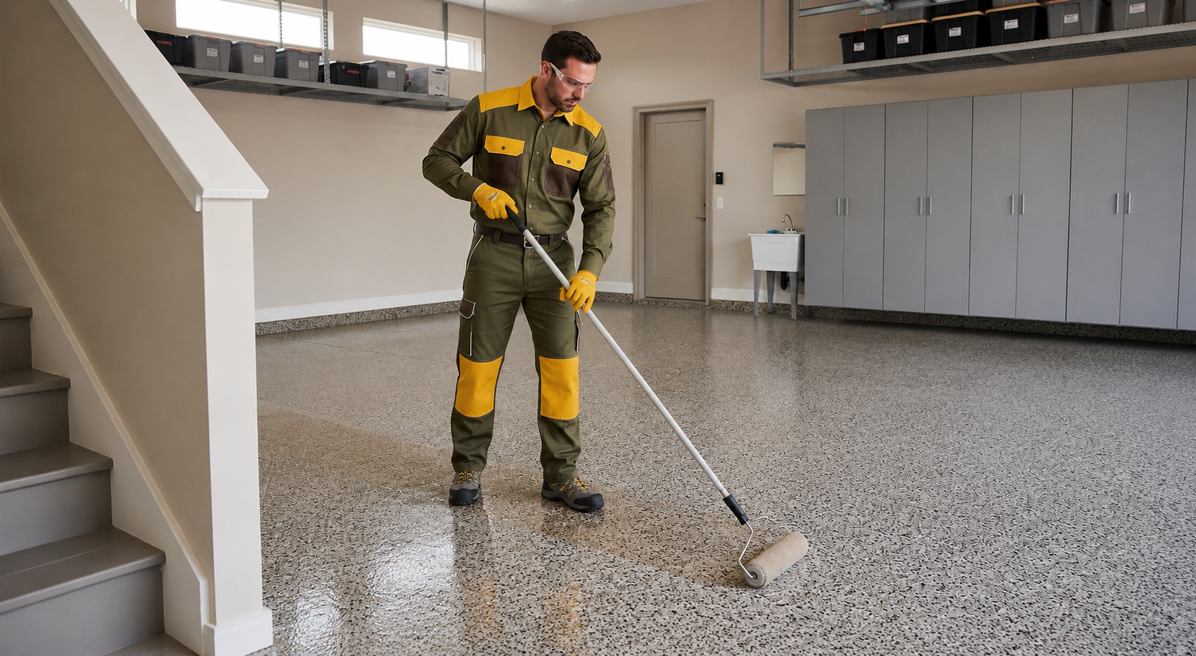 Madera technician applying a protective finish to epoxy flooring