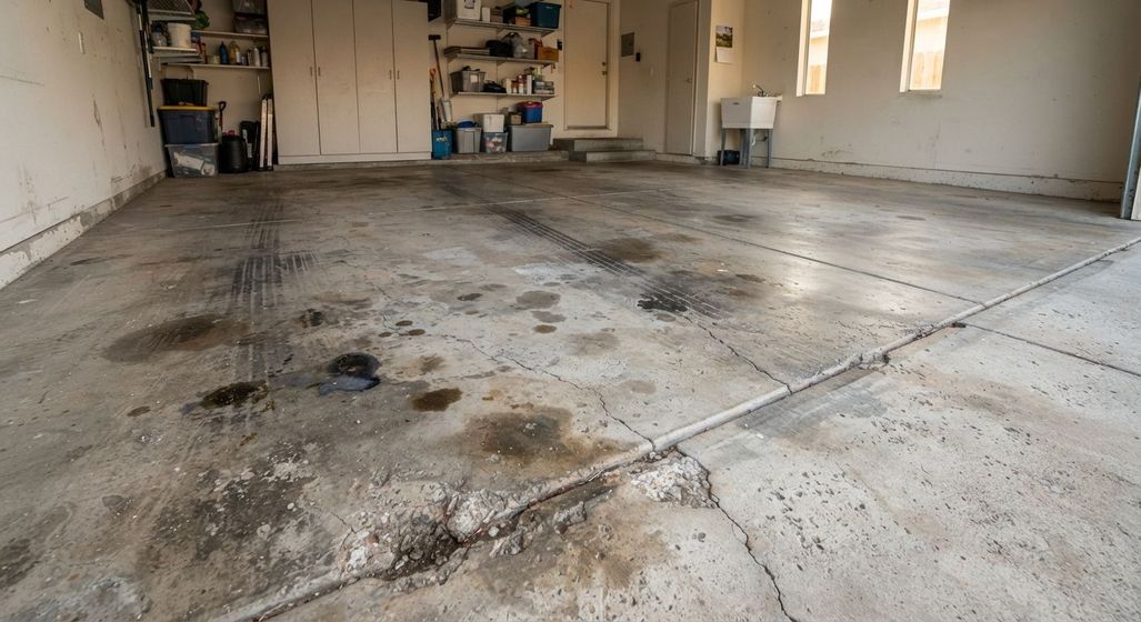 Cracked and stained concrete flooring in a Madera residential property
