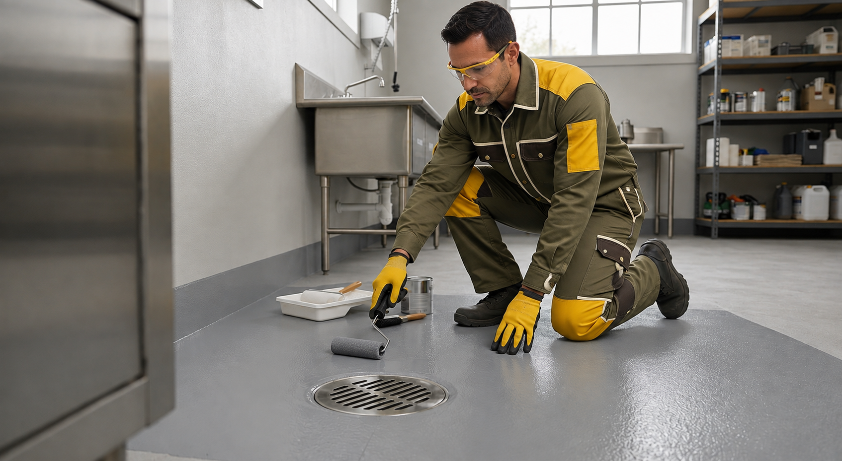 Madera epoxy flooring technician completing detailed coating work