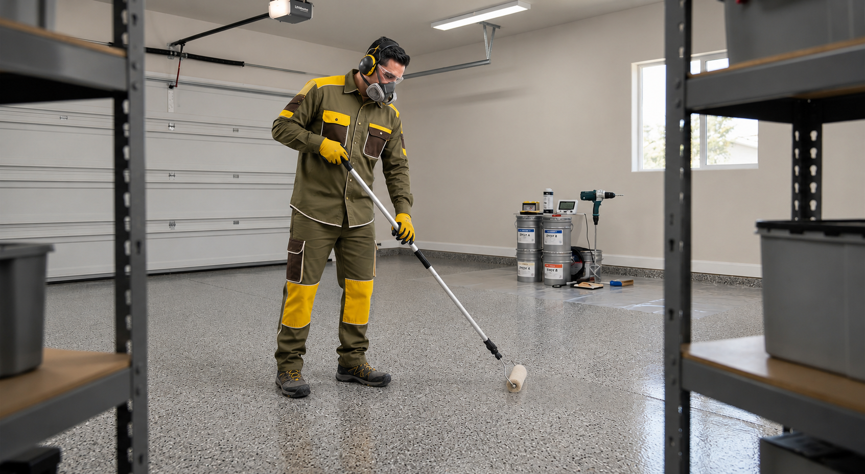 Safe and organized epoxy floor coating work in Madera