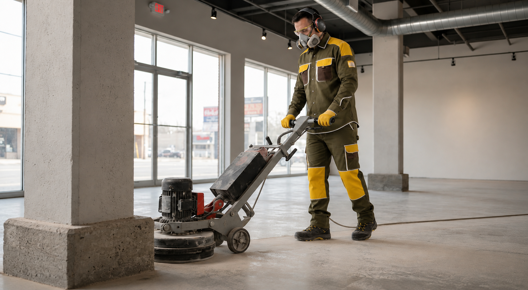 Trained Madera flooring technician using professional grinding equipment