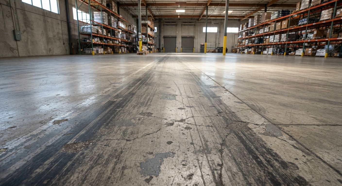 Worn high-traffic commercial concrete flooring in Madera Californi