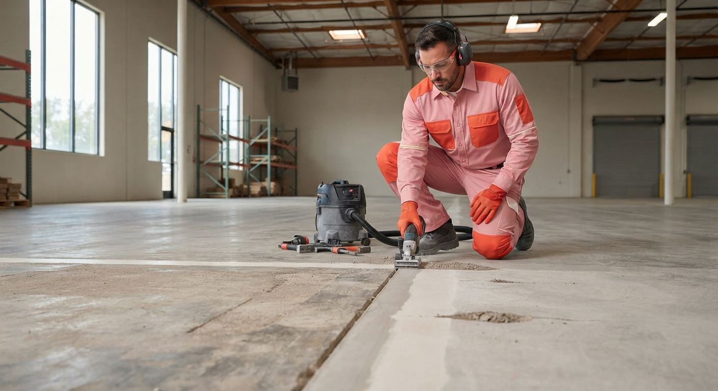 Madera commercial epoxy flooring technician preparing a concrete joint