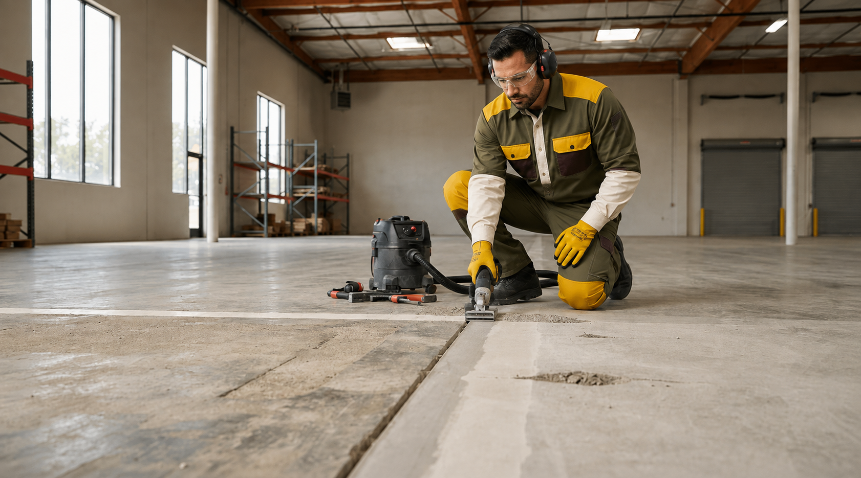 Madera commercial epoxy flooring technician preparing a concrete joint