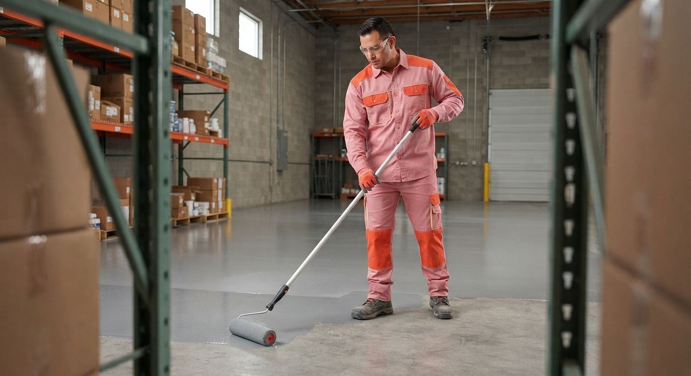 Commercial epoxy flooring installation in a Madera retail stockroom