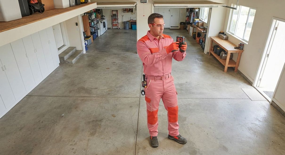 Madera epoxy flooring technician measuring floor size and project layout