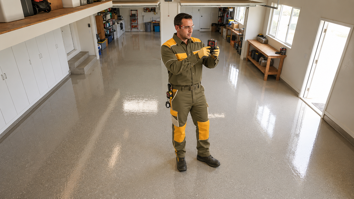 Madera epoxy flooring technician measuring floor size and project layout
