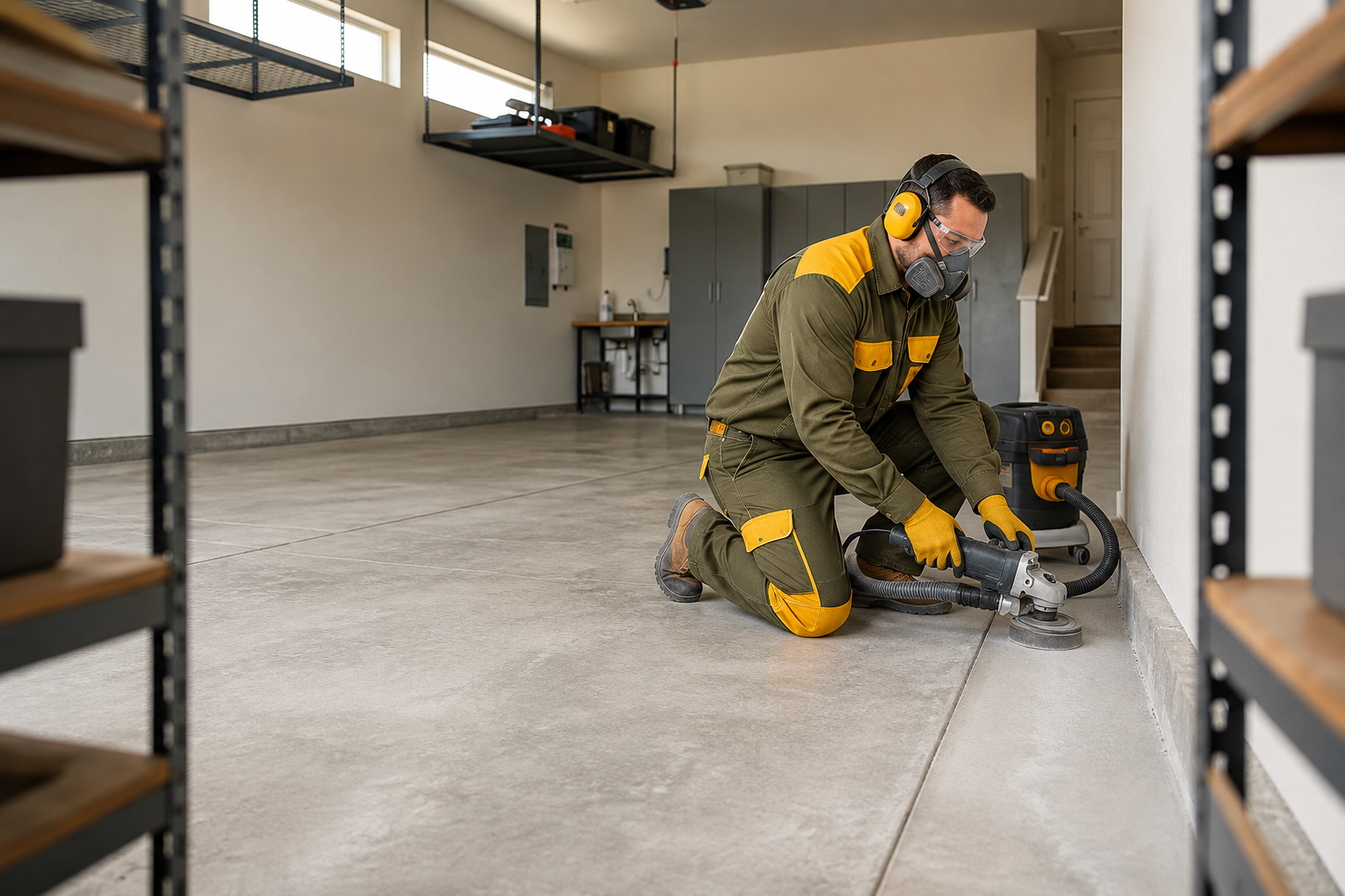 Professional garage floor preparation for coating in Madera California