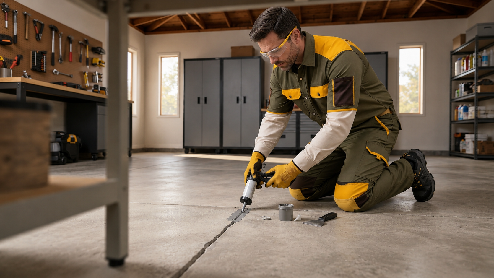 Madera garage floor coating technician repairing concrete cracks before installation