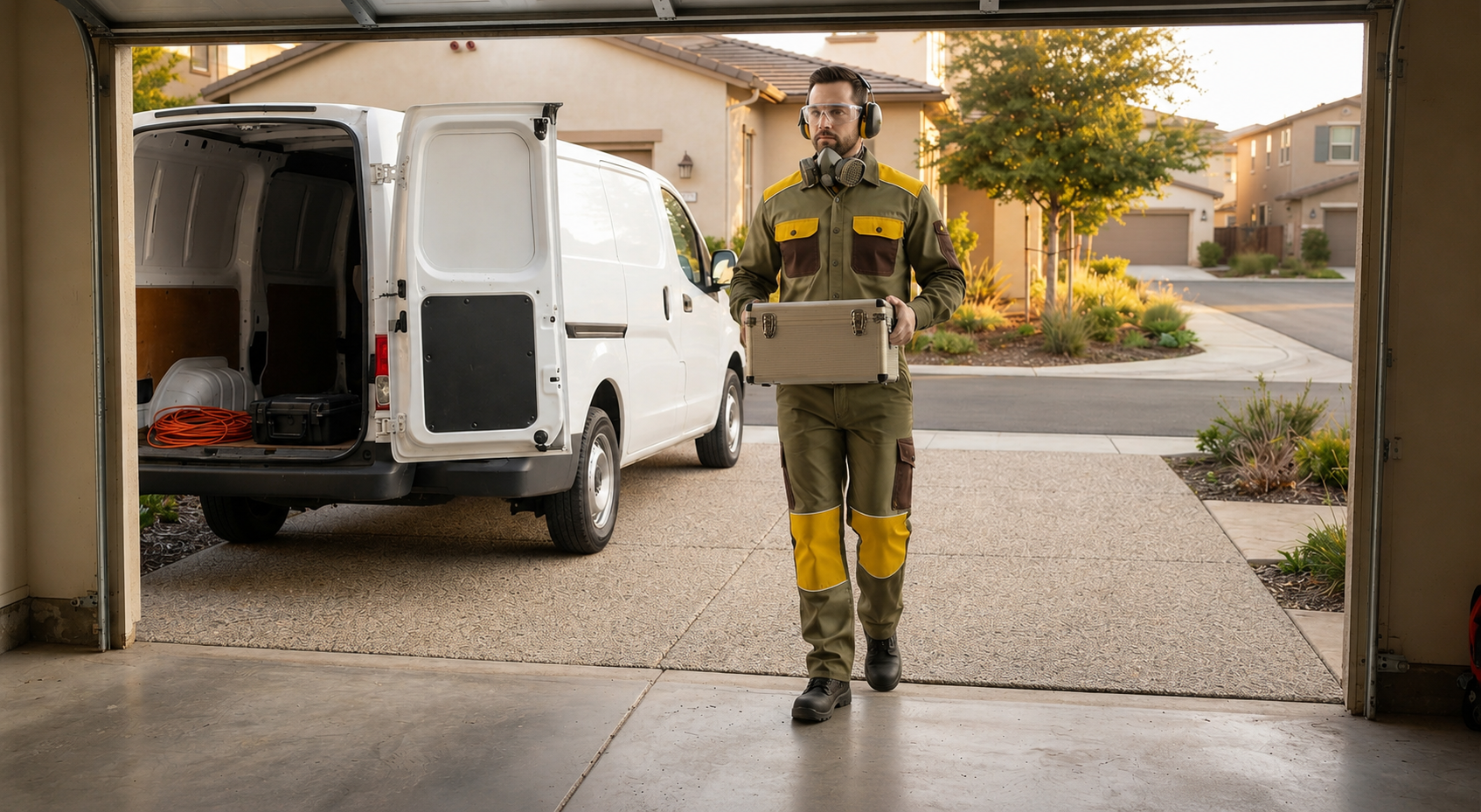 Madera epoxy flooring technician arriving for residential flooring service