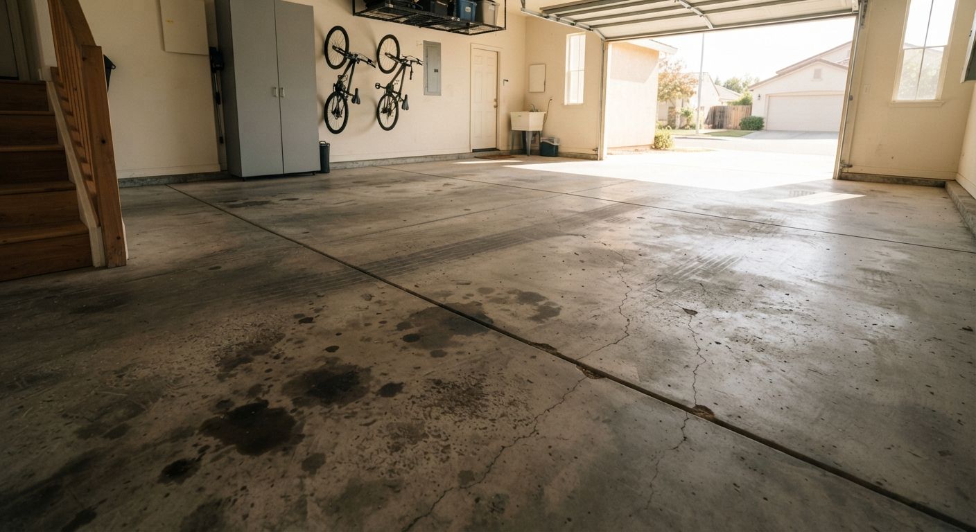 Worn residential garage floor before polyaspartic coating in Madera