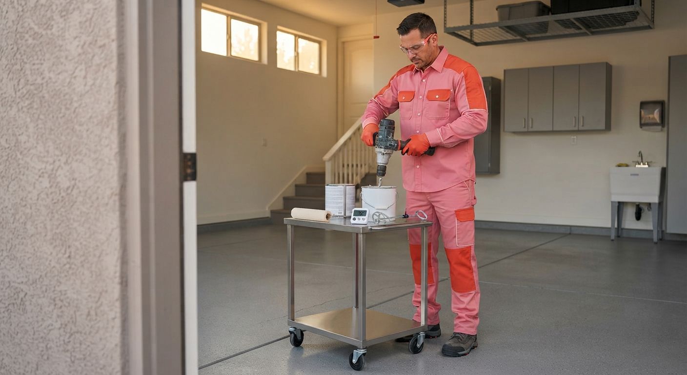 Madera polyaspartic floor coating technician preparing materials for installation