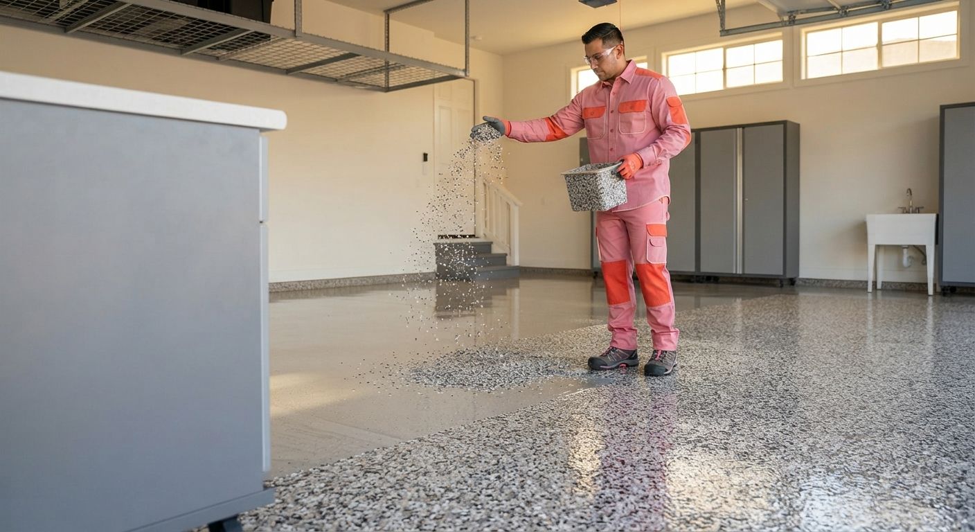 Polyaspartic floor coating installation in progress in Madera California