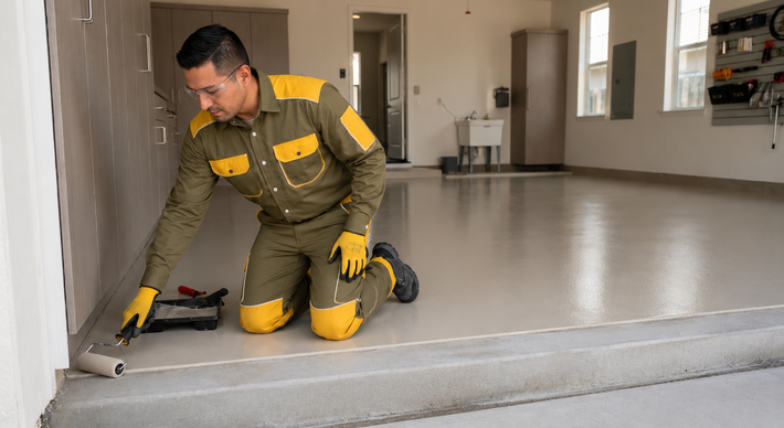 Experienced Madera epoxy flooring technician completing precise coating work