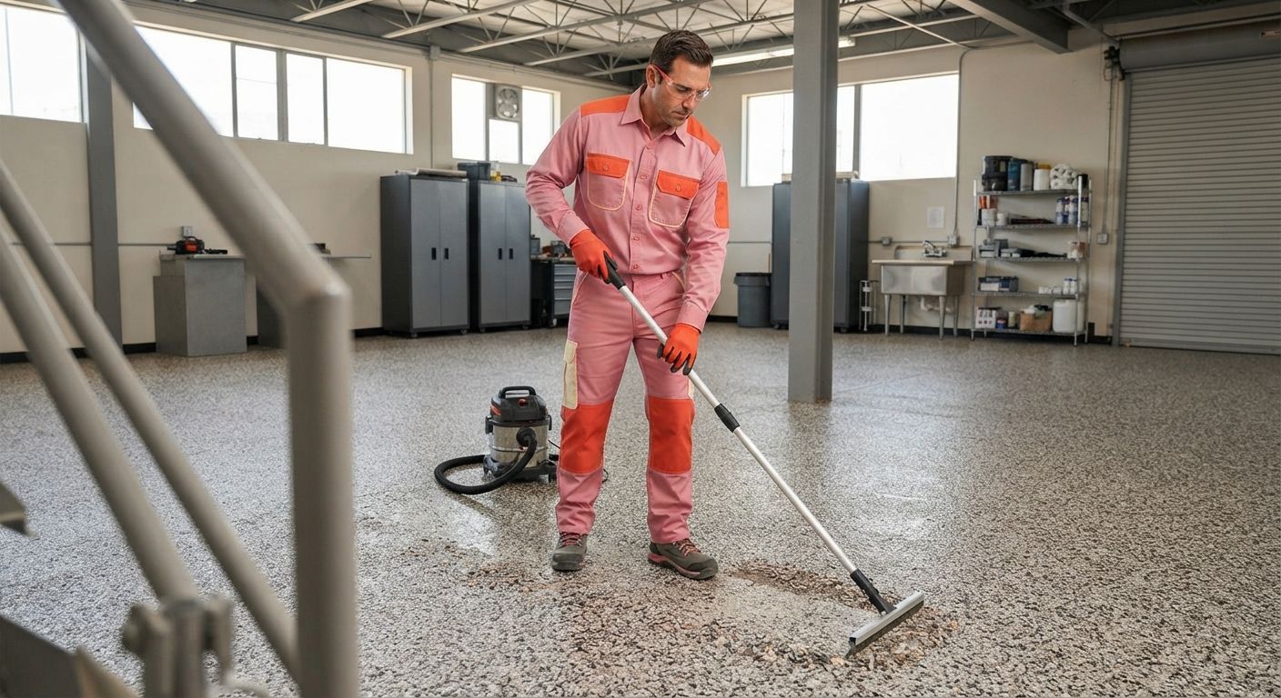 Madera technician preparing decorative polyaspartic flooring for topcoat
