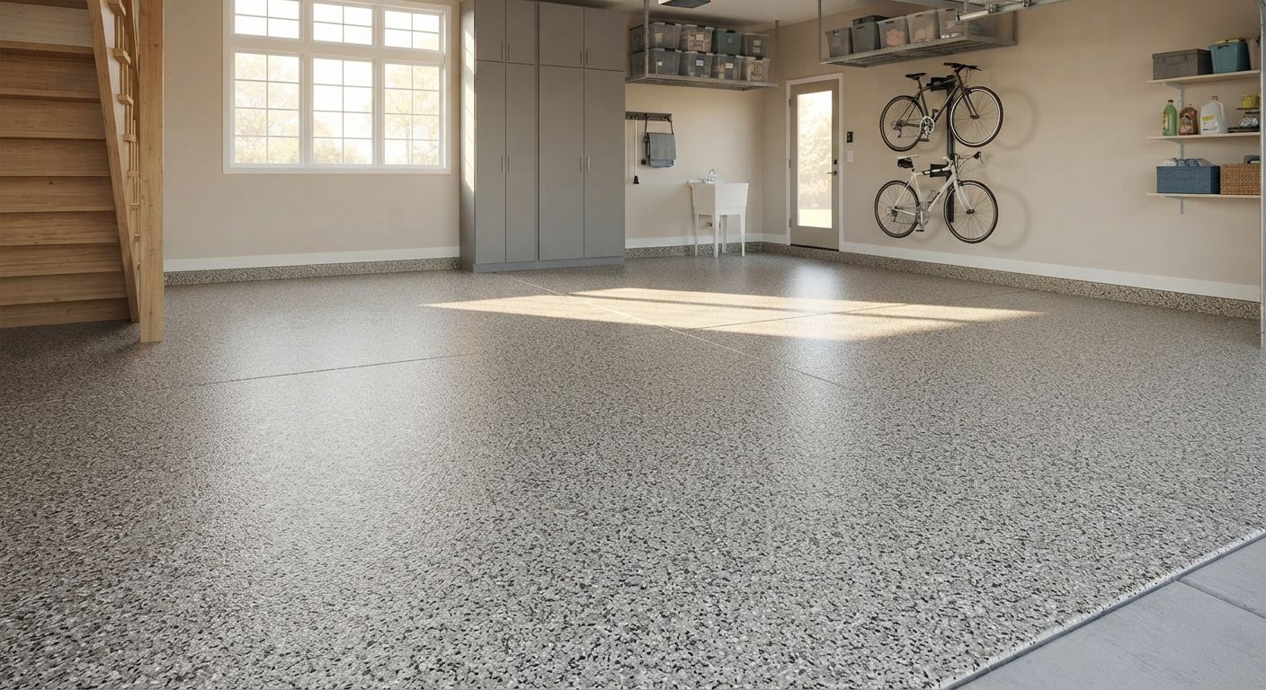 Finished polyaspartic garage floor coating in Madera California