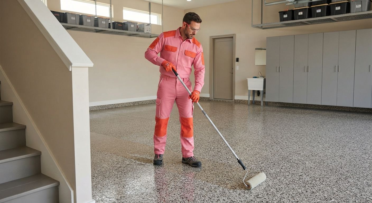 Madera technician applying a protective finish to epoxy flooring