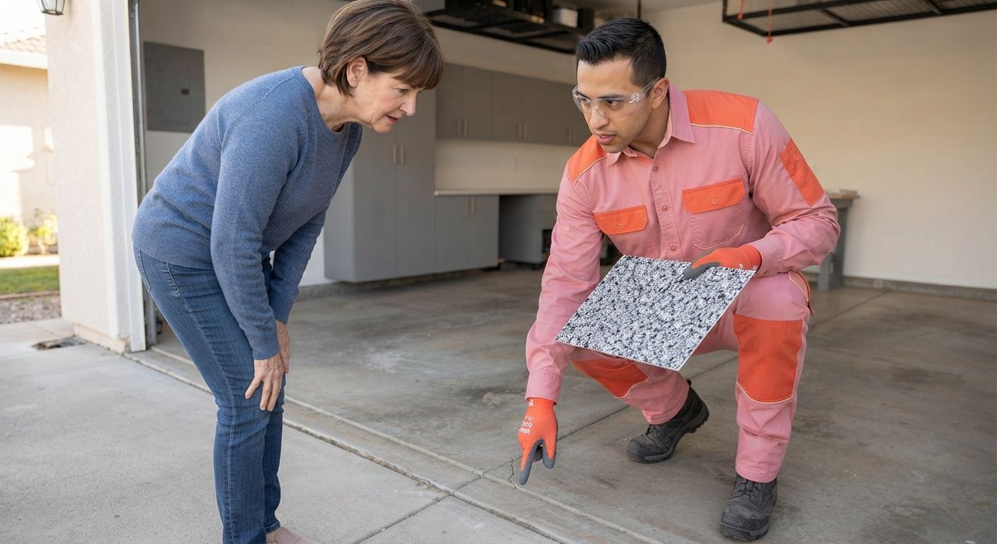 Madera epoxy flooring technician discussing a project with a homeowner