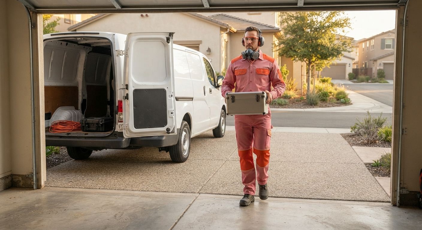 Madera epoxy flooring technician arriving for residential flooring service