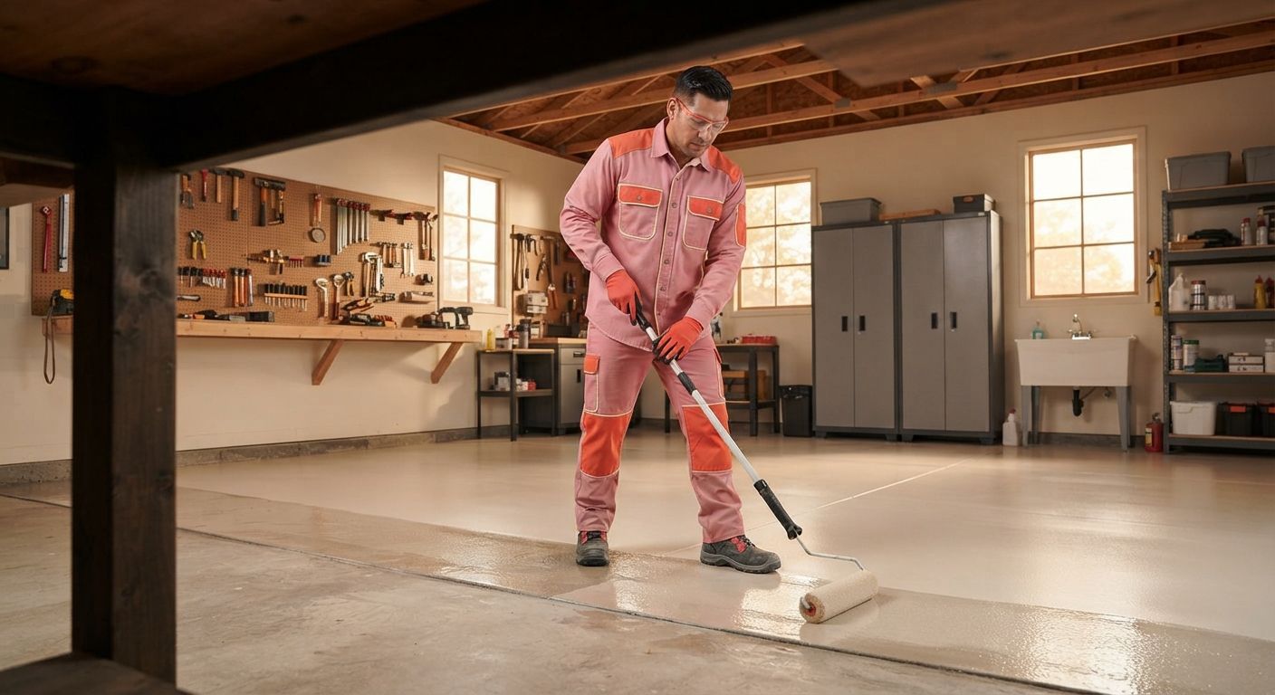 Epoxy flooring installation in progress at a Madera residential workshop