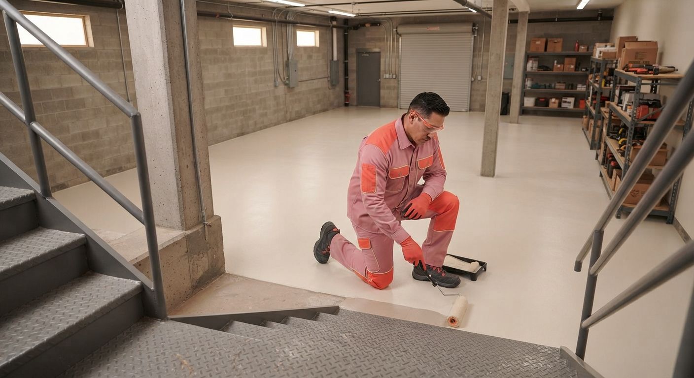 Madera epoxy flooring technician completing commercial floor coating work