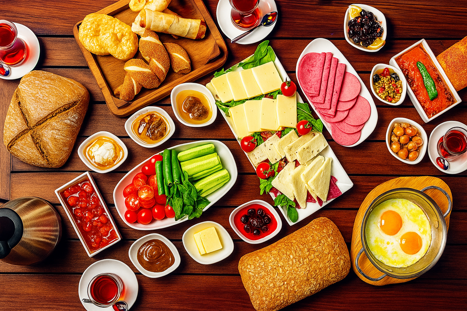 A variety of traditional Aegean foods, including Boyoz, Kumru, and grilled seafood.
