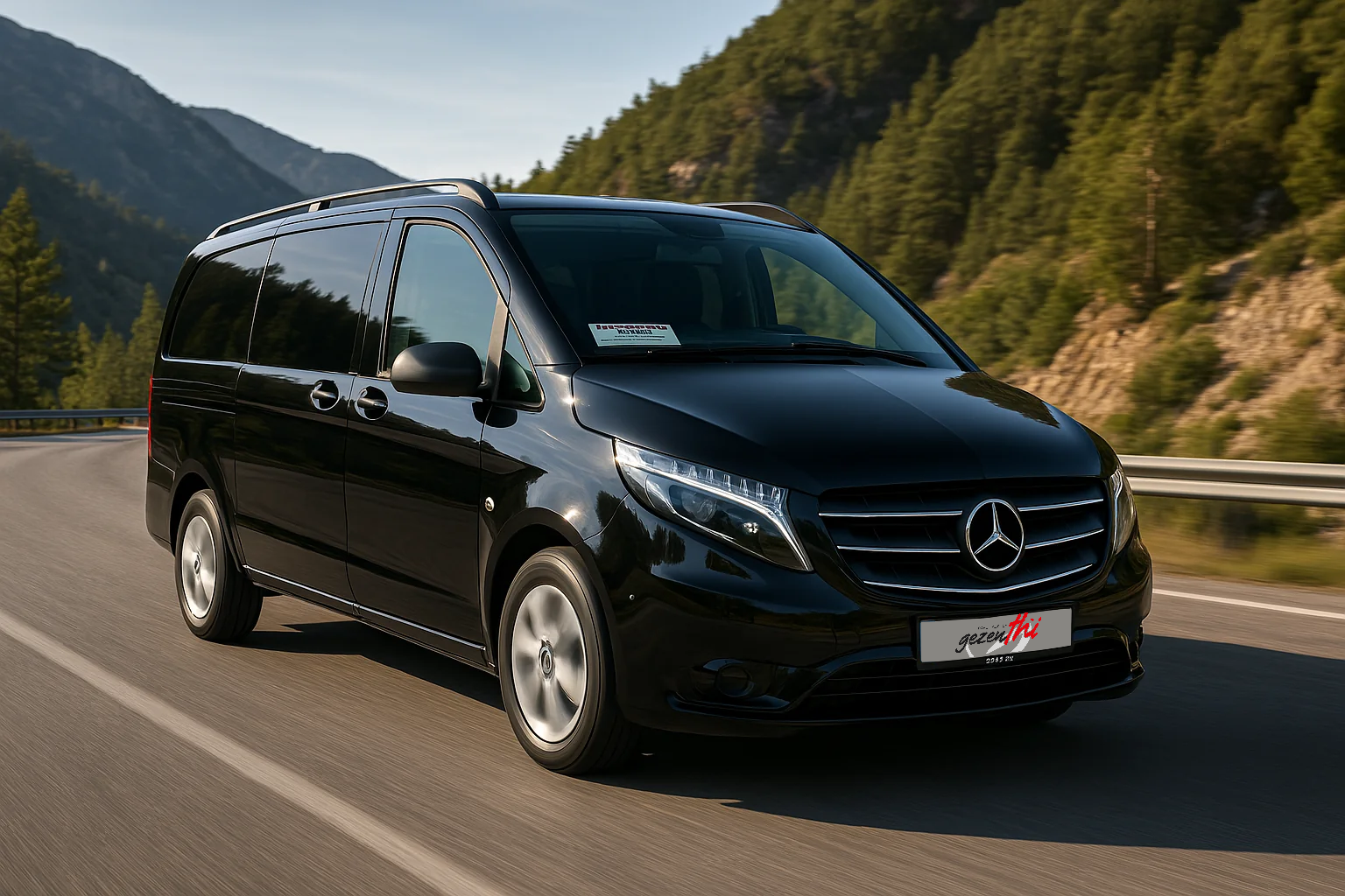 A black Mercedes van driving on a mountain road surrounded by greenery.