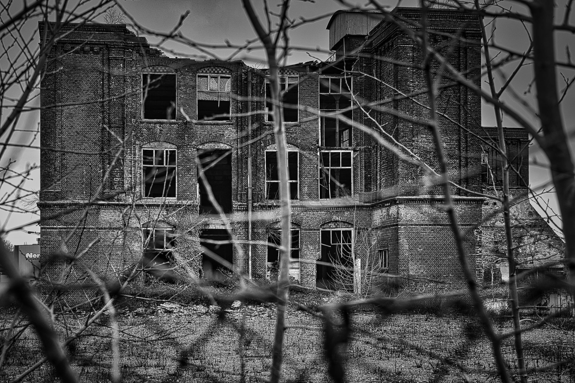 Abandoned brick building behind bare tree branches, seen in black and white.