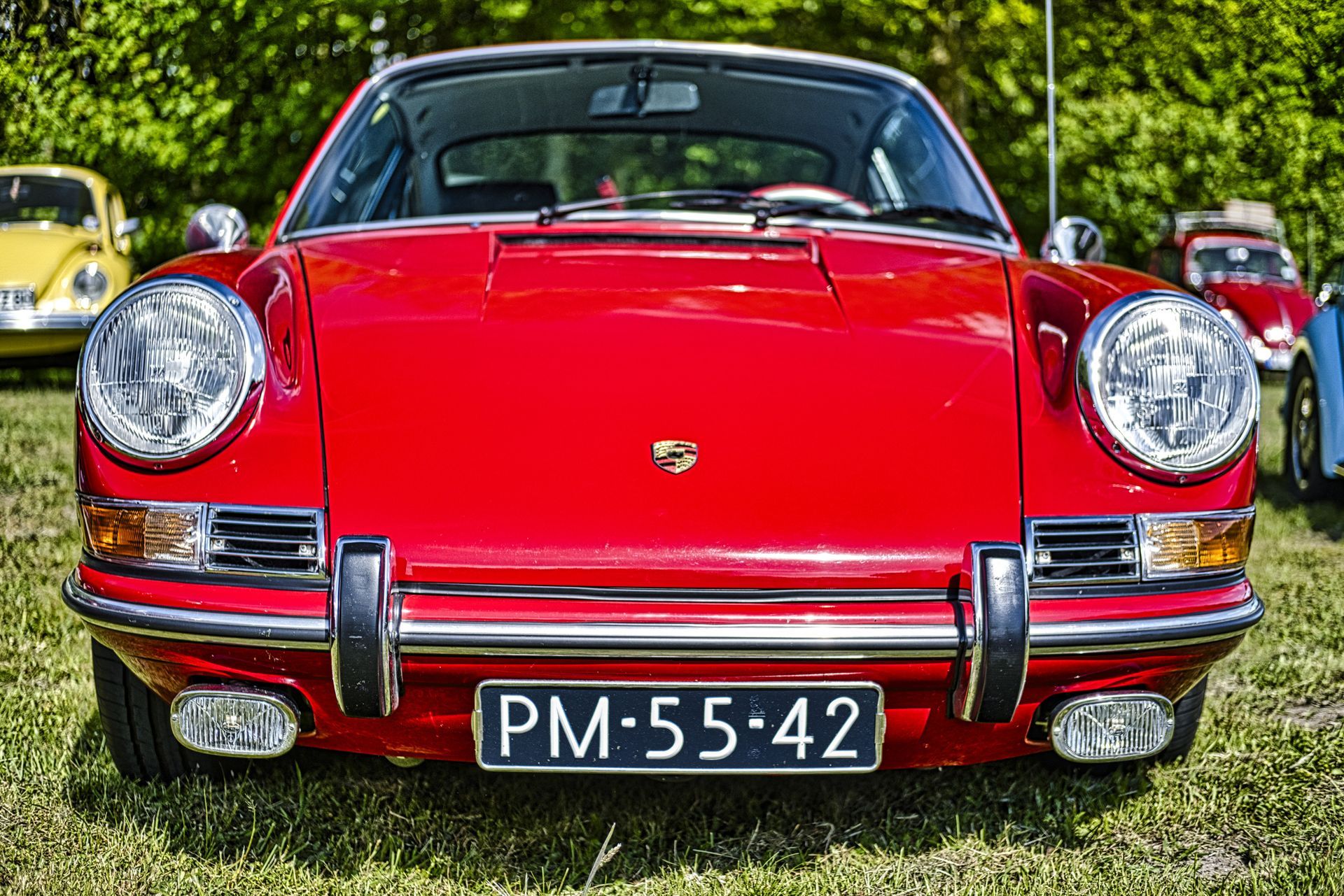Front view of a red classic Porsche sports car parked on grass, with chrome bumper and license plate PM-55-42