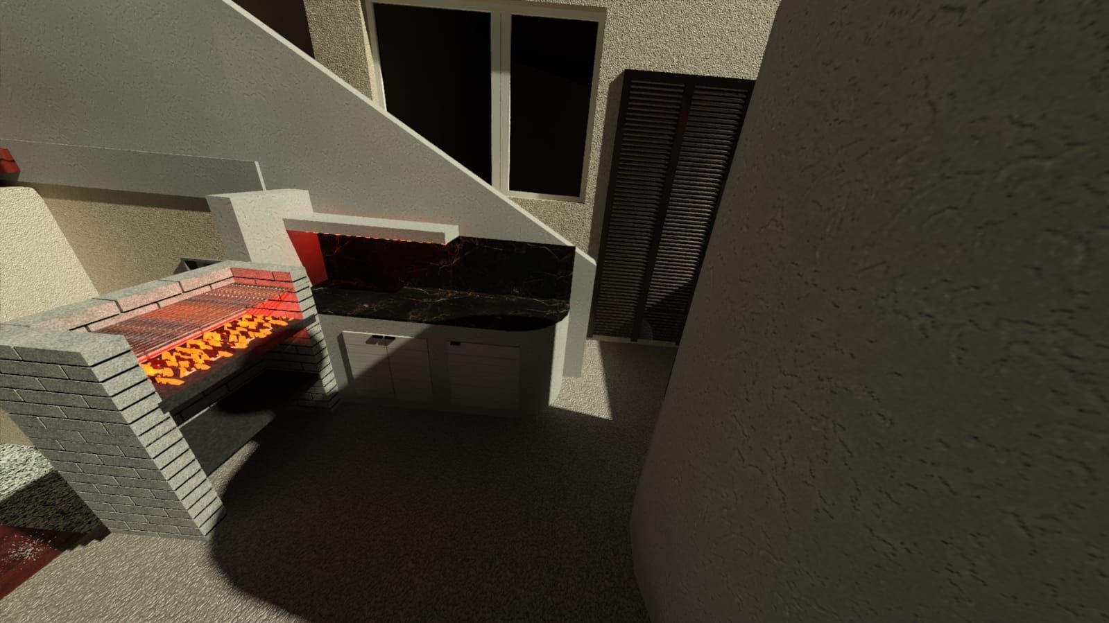 Interno con camino a lava incandescente, pavimento scuro e pareti bianche geometriche in una stanza moderna