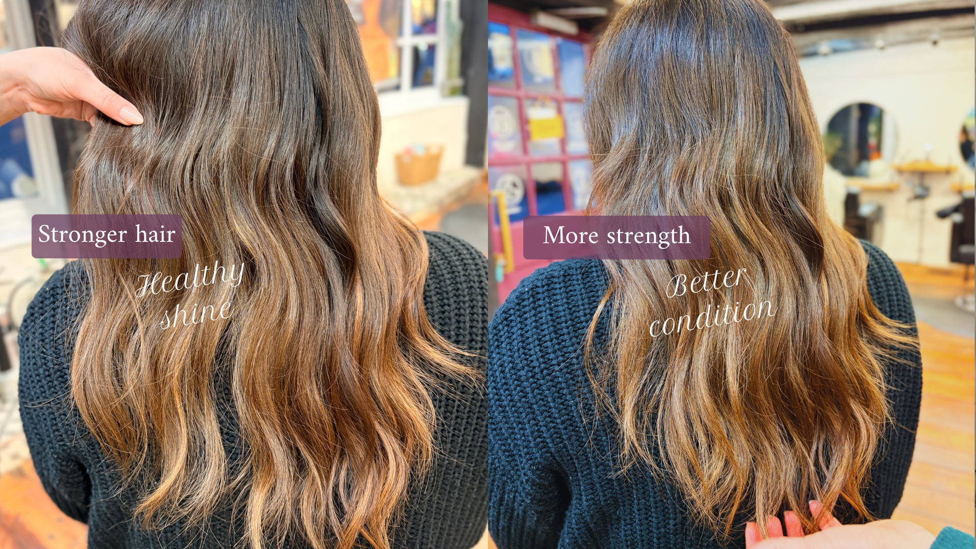 Brunette balayage with soft waves and healthy shine at Salon Cabelo Farnham