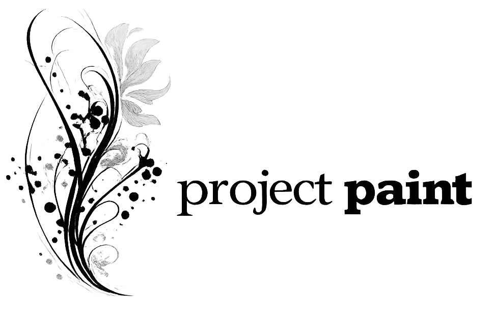 Black floral logo with the words “project paint” on a white background