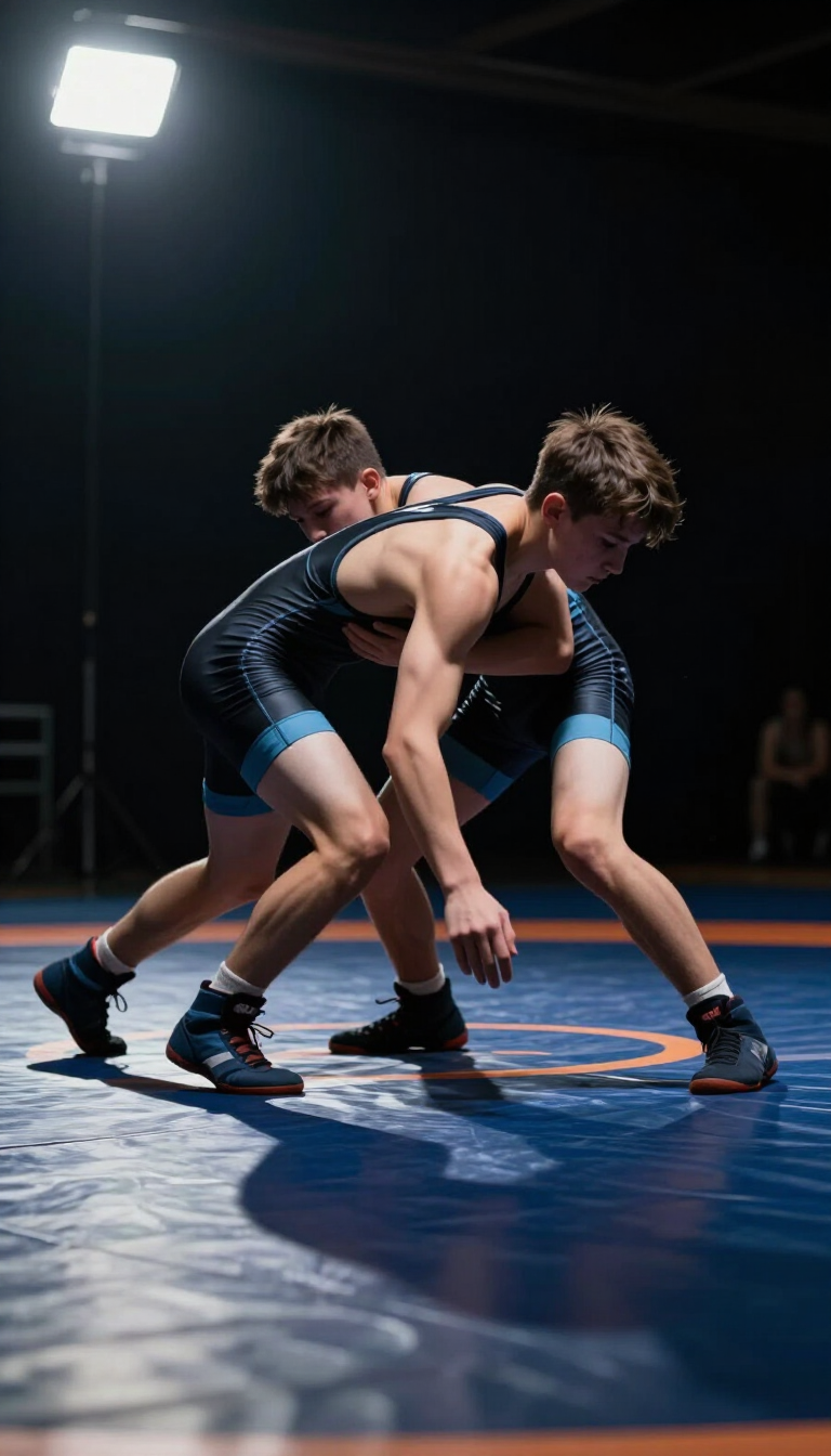 Wrestler in action under arena lighting