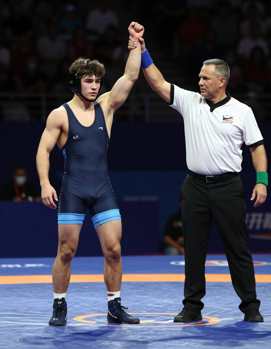 Young wrestler raised in victory under arena lights