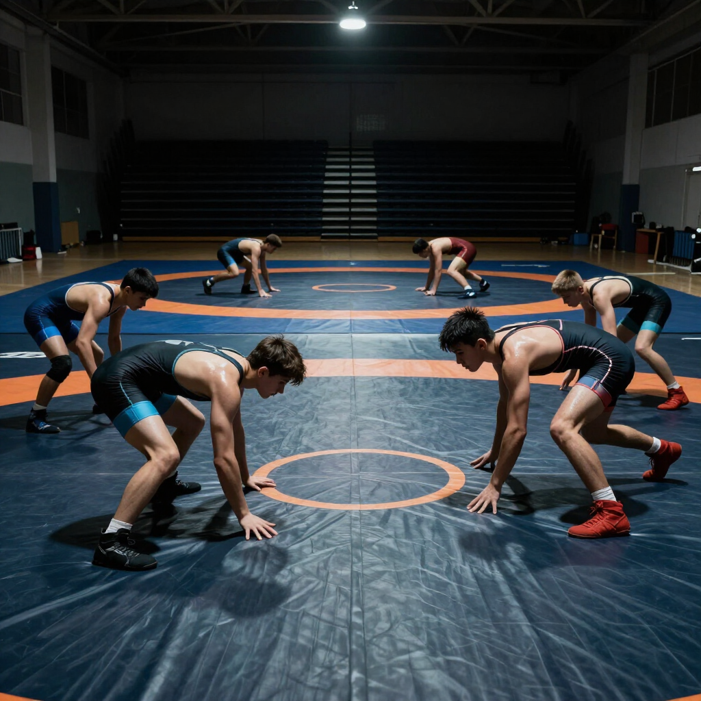 Young wrestlers competing under indoor arena lighting