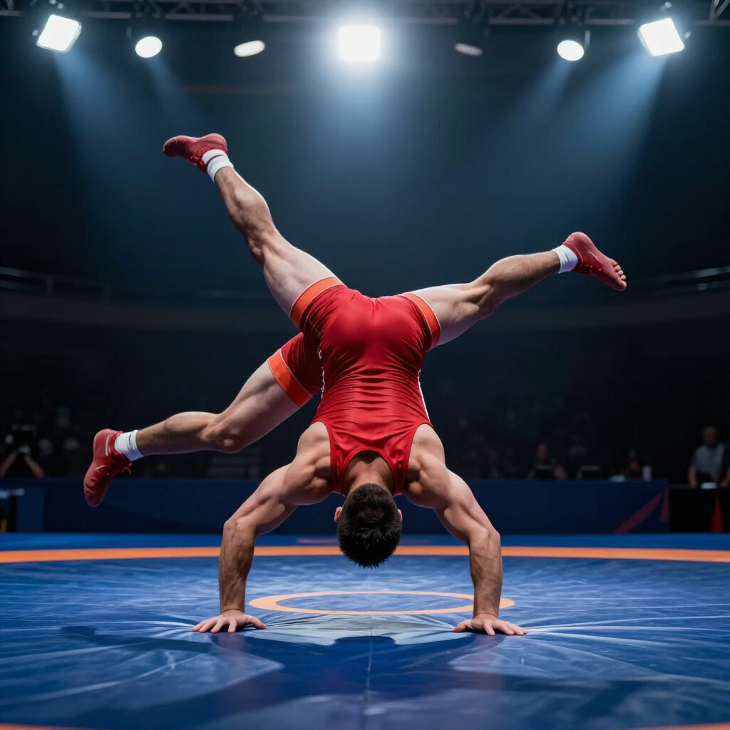 Wrestler executing a throw under indoor arena lighting