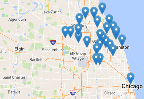 Blue location pins on a map of Chicago and surrounding suburbs.