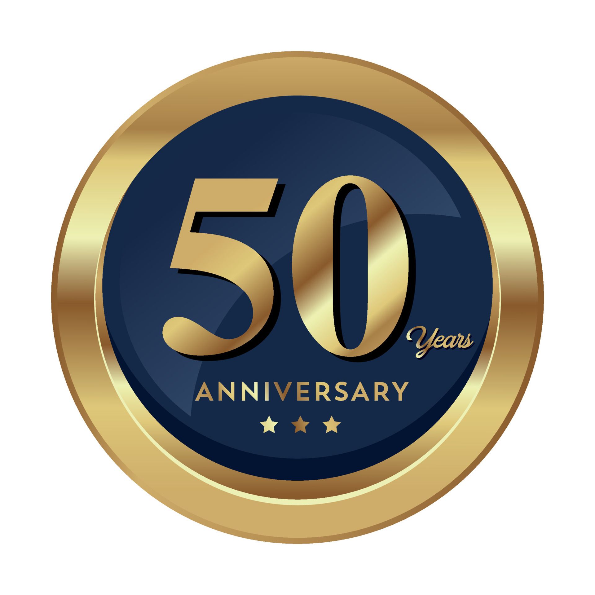 Gold and navy 50th Anniversary badge with gold text and stars.