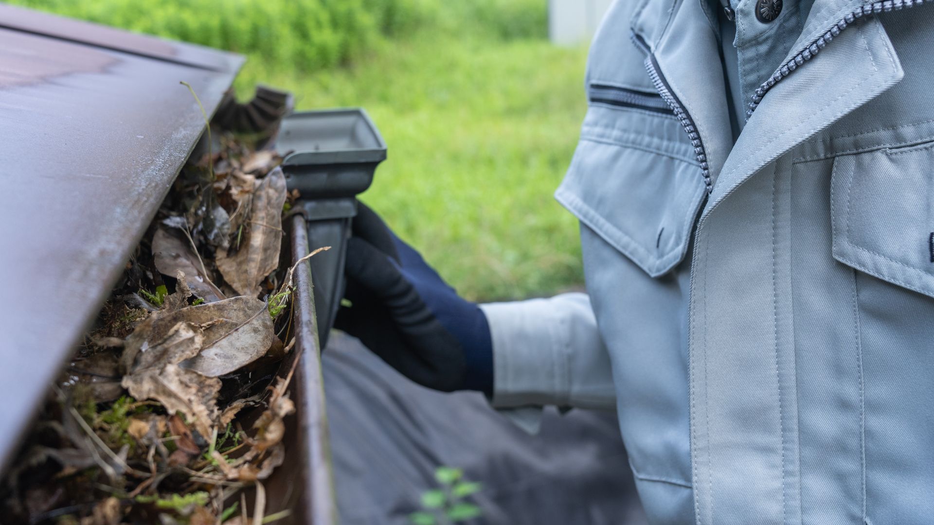 A gloved technician removing leaves and debris from a clogged gutter near a downspout