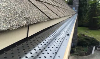 Close-up of a house gutter with perforated metal screen, beige trim, and asphalt shingles.