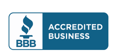 BBB Accredited Business logo, blue and white. Torch with text