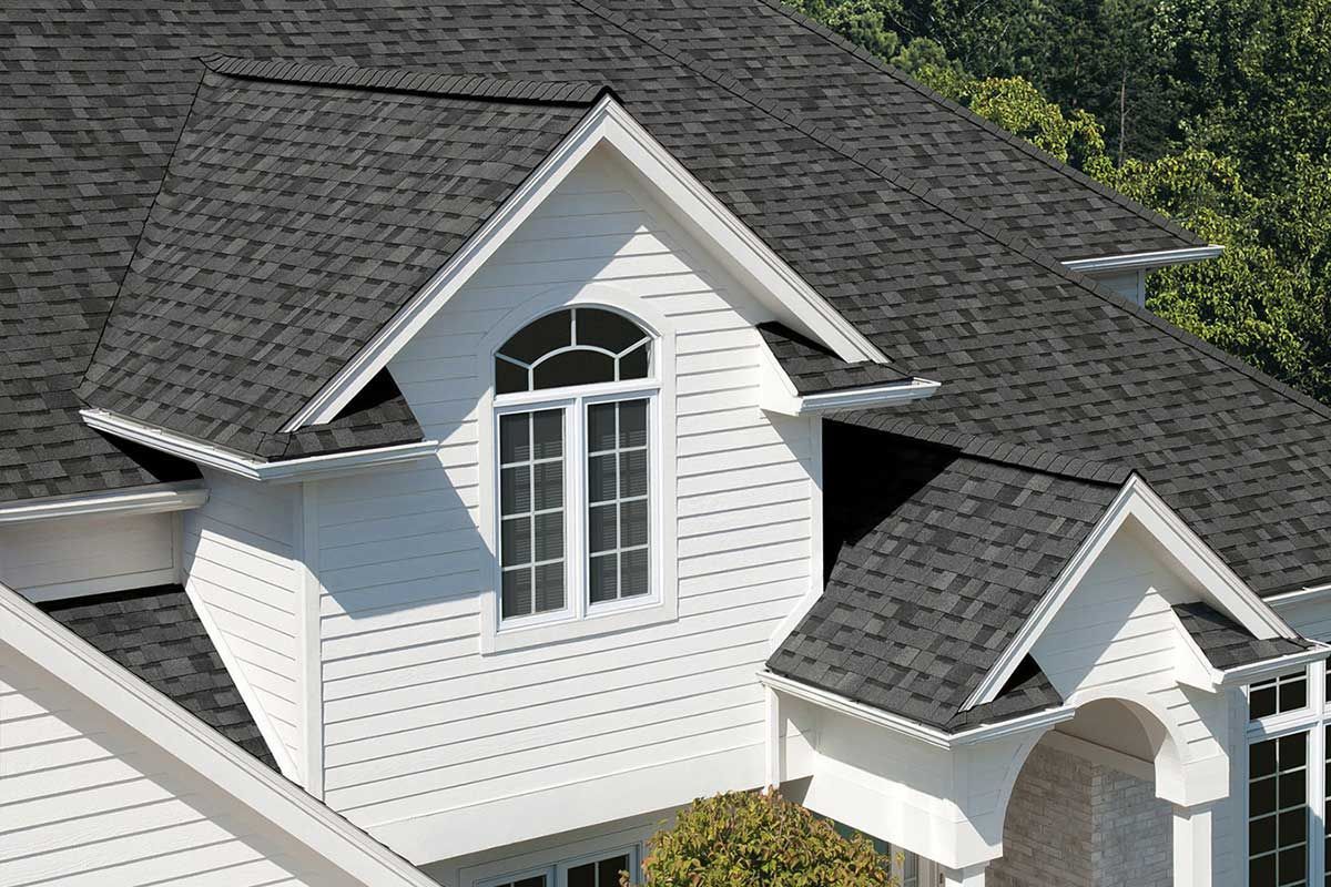 A dark asphalt shingle roof with a brick chimney. Green trees and a light-colored house corner are visible.