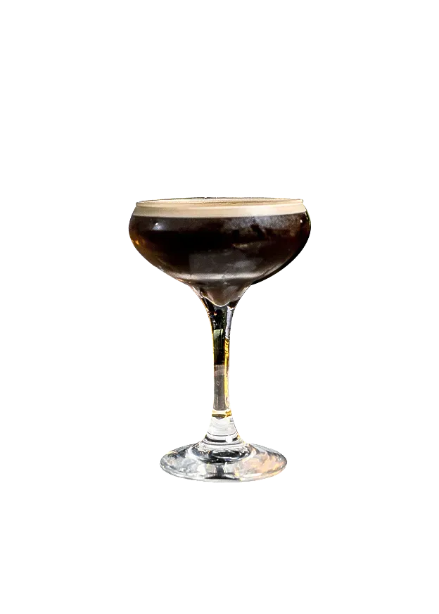 A martini glass filled with a drink on a white background.