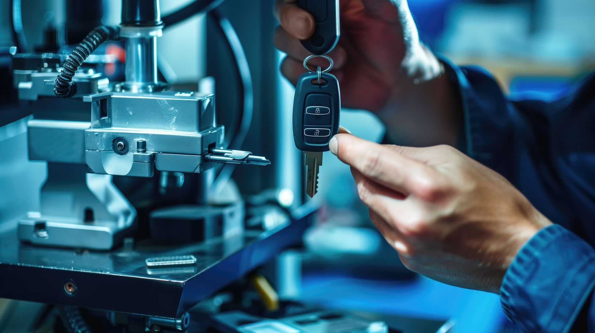 A person uses a key-cutting machine to duplicate a modern car key with a remote fob.