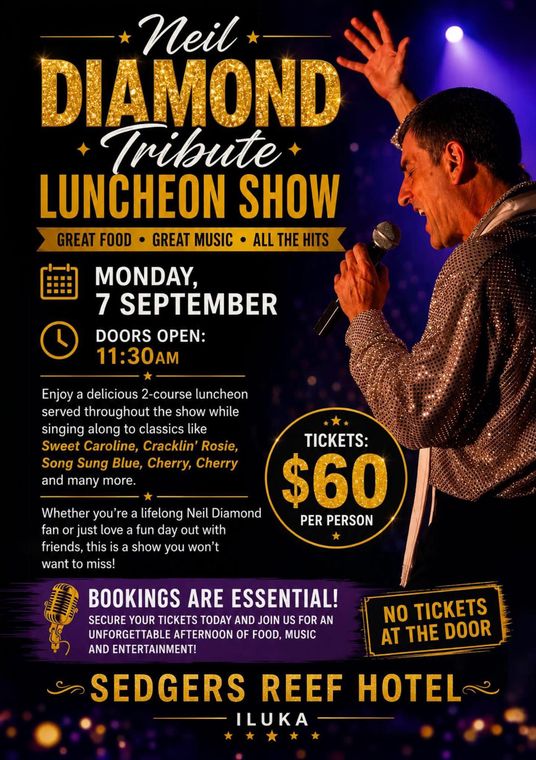 September specials poster at Sedgers Reef Hotel with meal deals, live music, happy hour, and karaoke