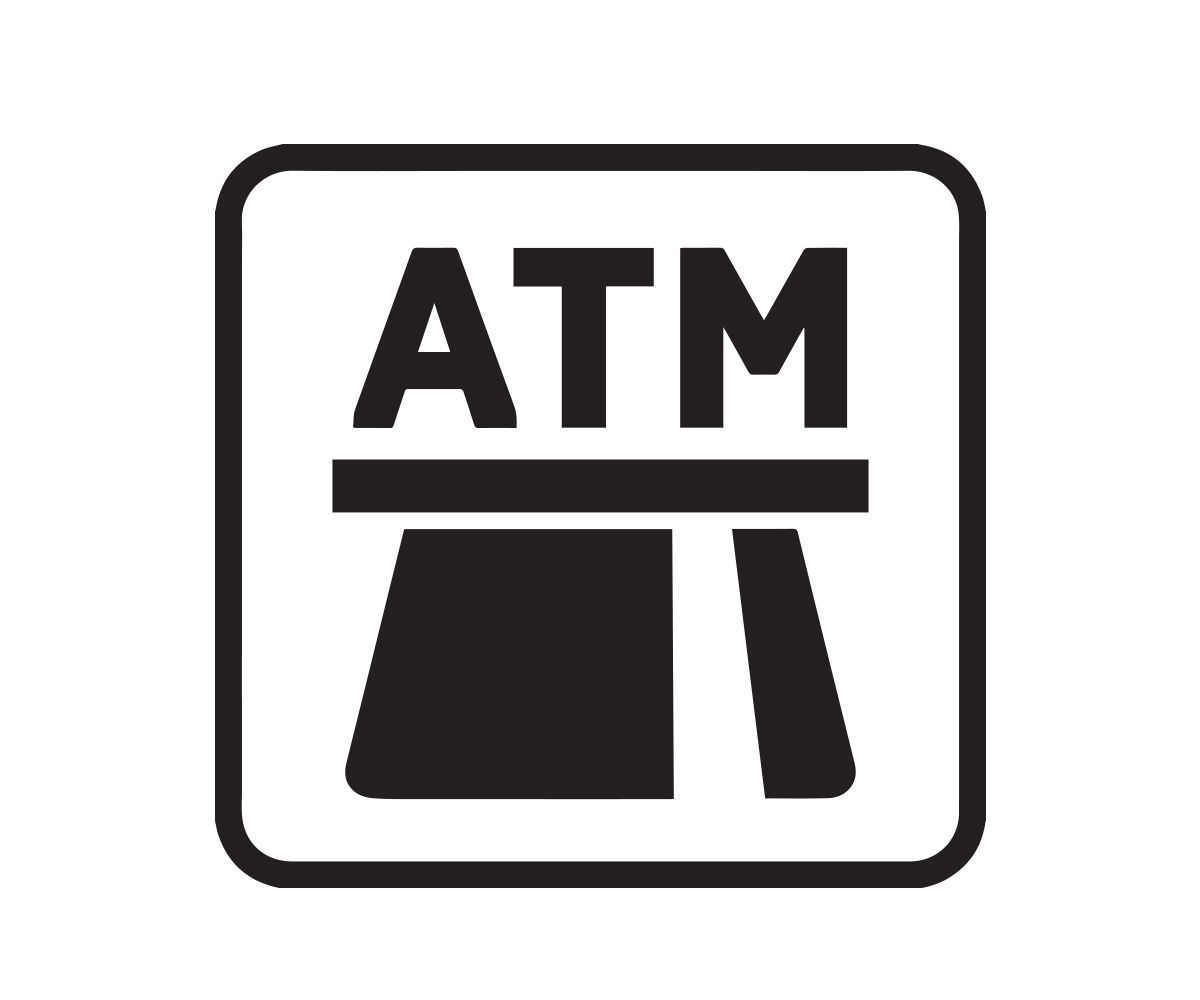 It is a black and white icon of an atm.