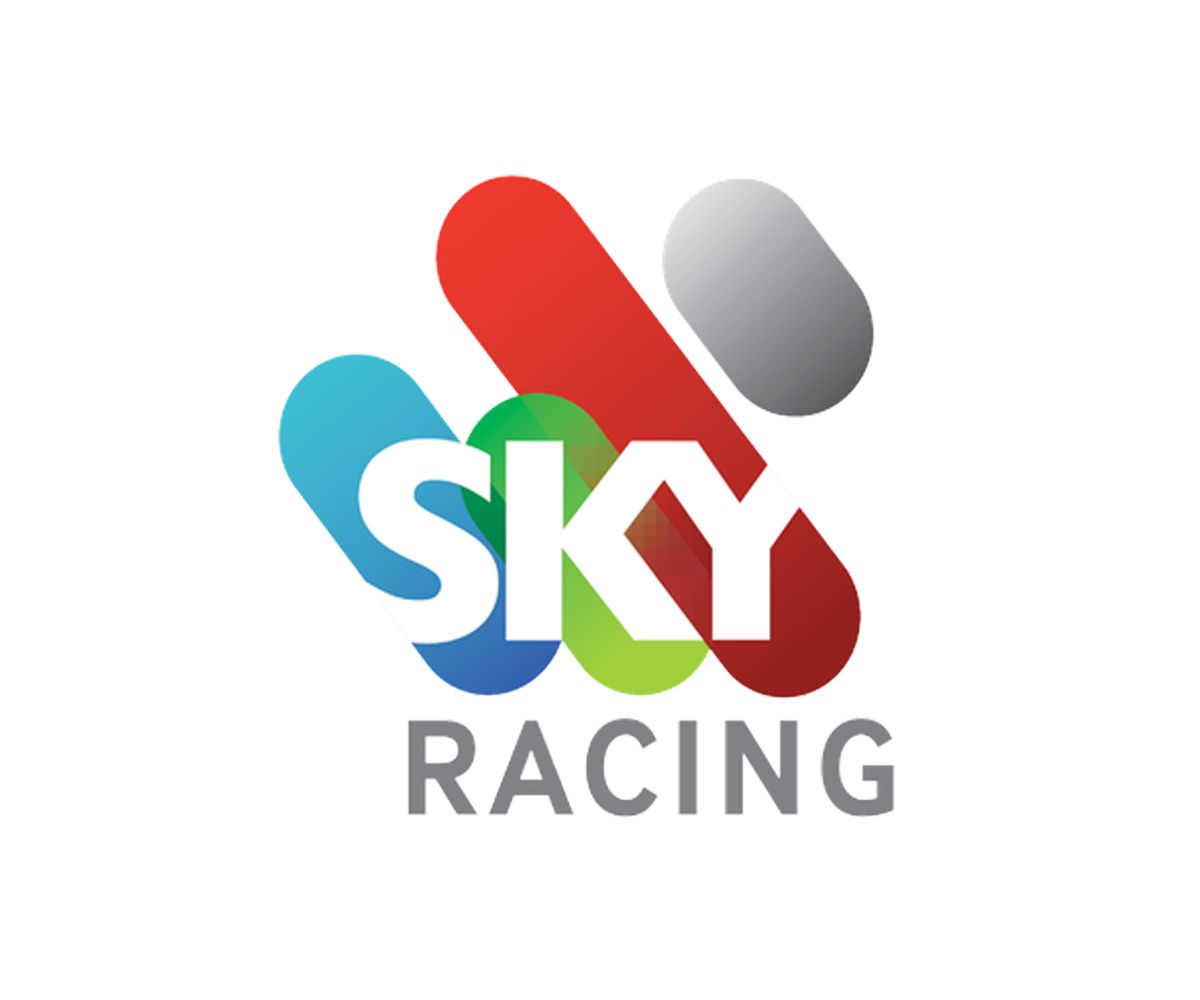 A colorful sky racing logo on a white background